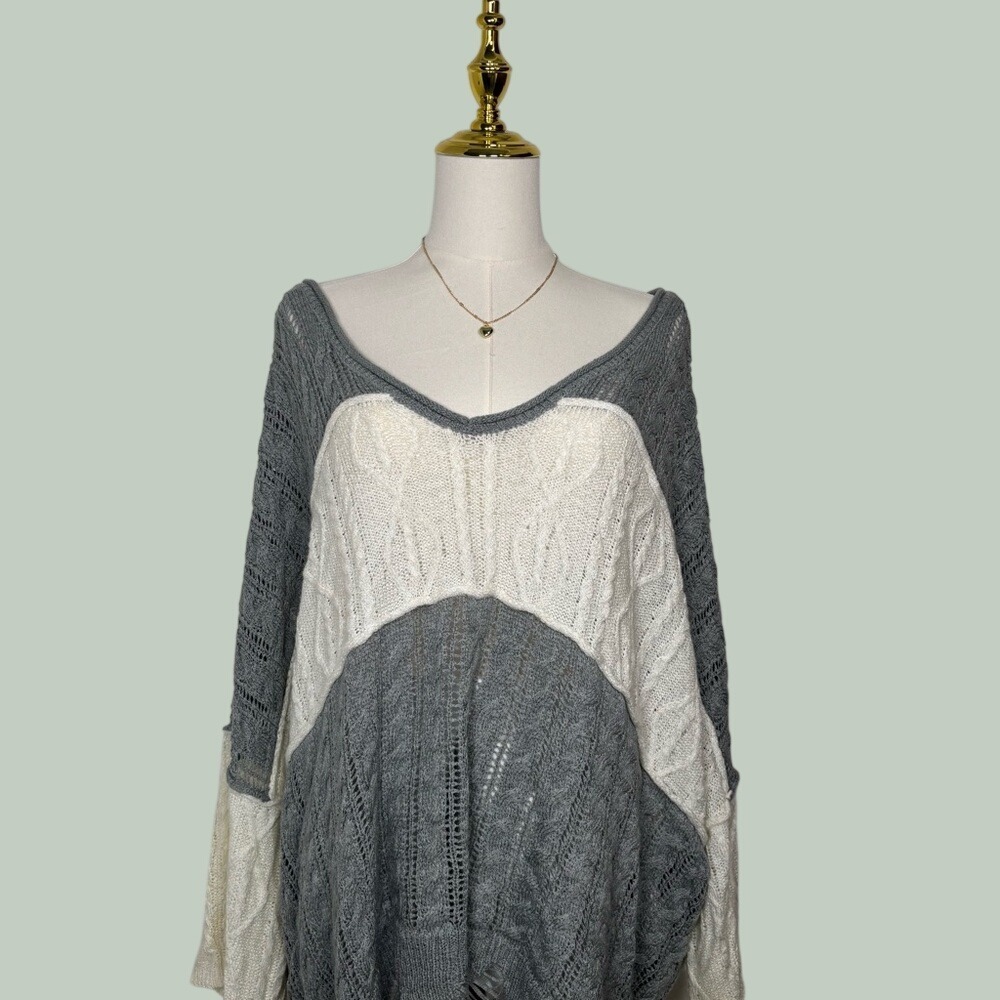 pol gray & white oversized soft knit striped sweater distressed boho softgirl